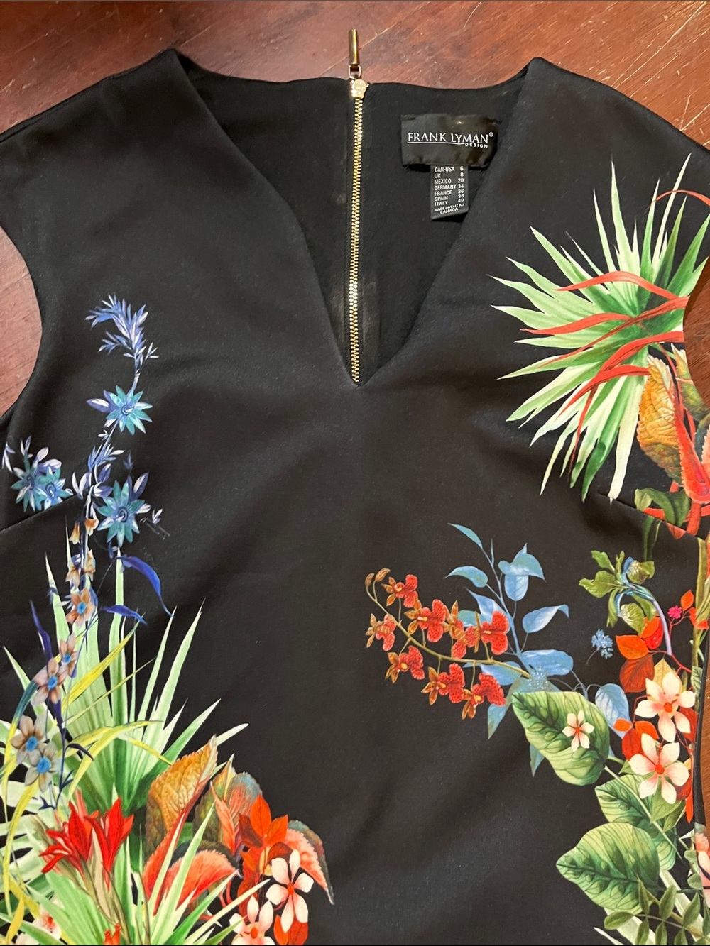 🌻3/$15🌻 Frank Lyman Design Black Tropical Floral Sheath Midi Dress - Picture 3 of 10